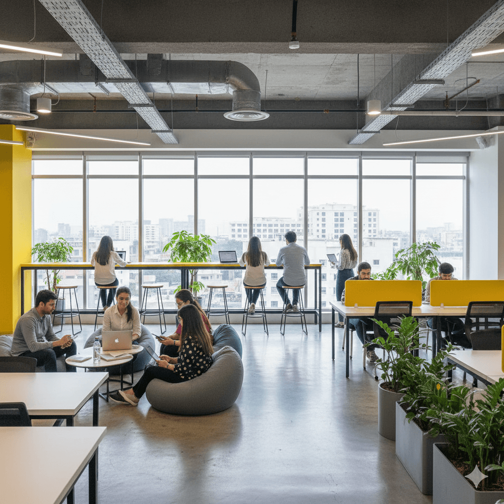 Flexible Hot Desk Area with Various Seating Options